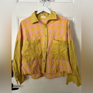 Listicle Pink and Yellow Checked Relaxed Button-Down Shirt